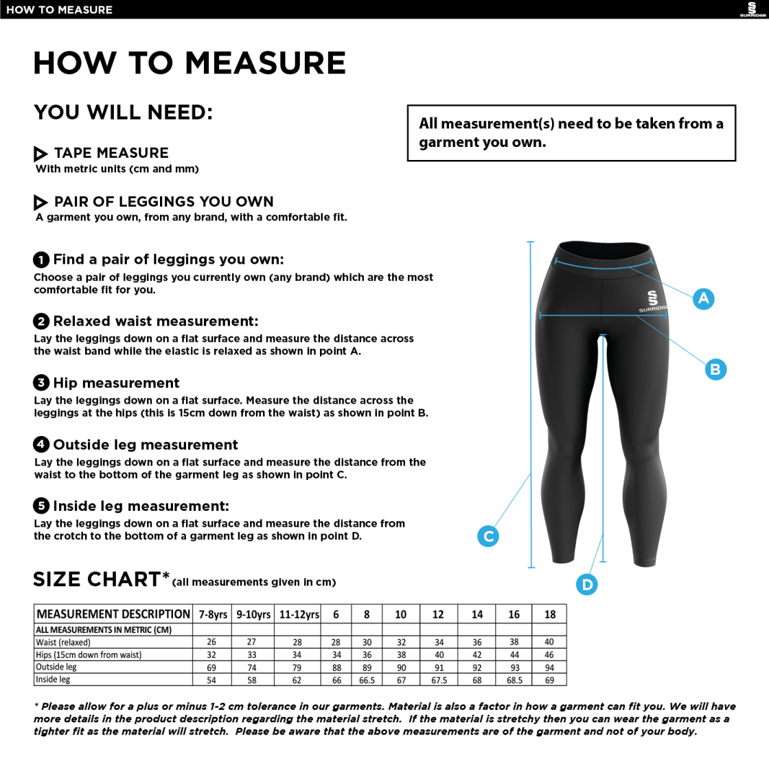 University of Bath Leggings - Size Guide