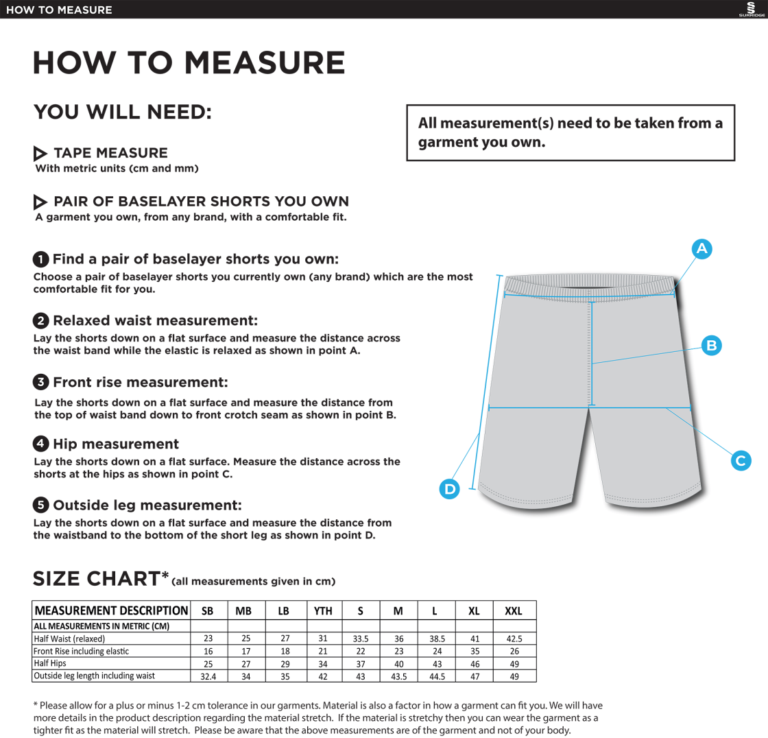 University of Bath - Baselayer Sug Shorts - Size Guide