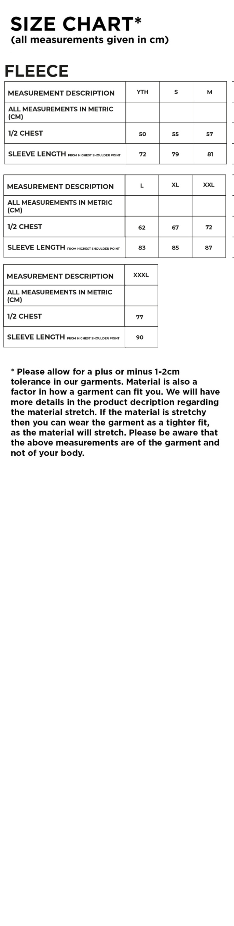 University of Bath Fleece - Stocked Edition - Size Guide