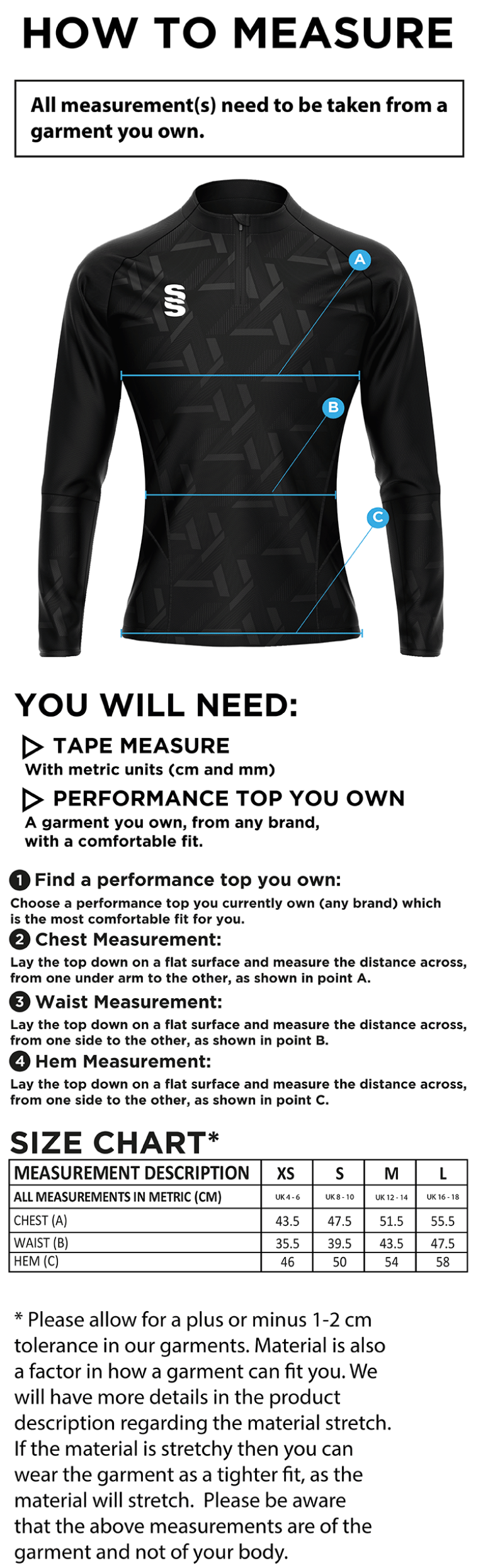University of Bath - Baseball - Impact 1/4 Zip Performance Top - Women's Fit - Size Guide