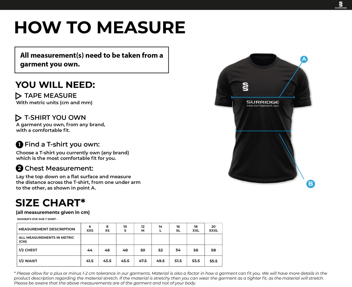 University of Bath - Womens Games Shirt - Size Guide