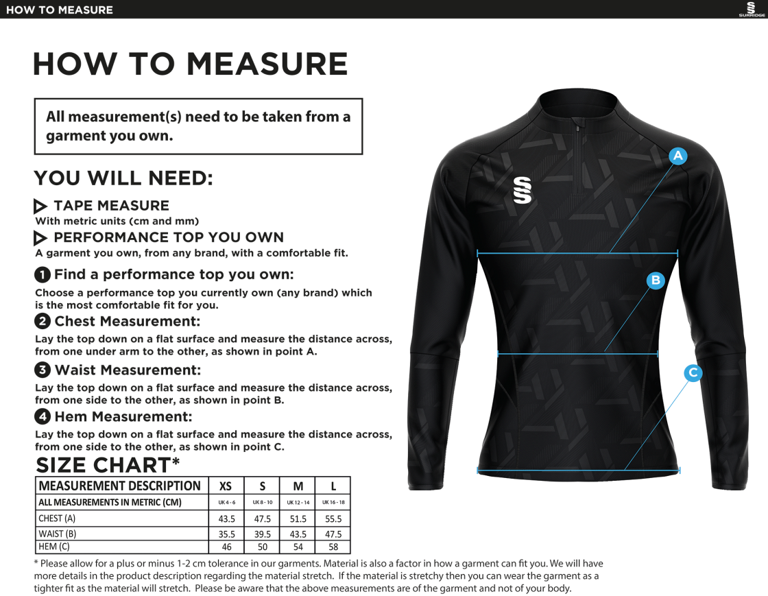 University of Bath - Baseball - Impact 1/4 Zip Performance Top - Women's Fit - Size Guide