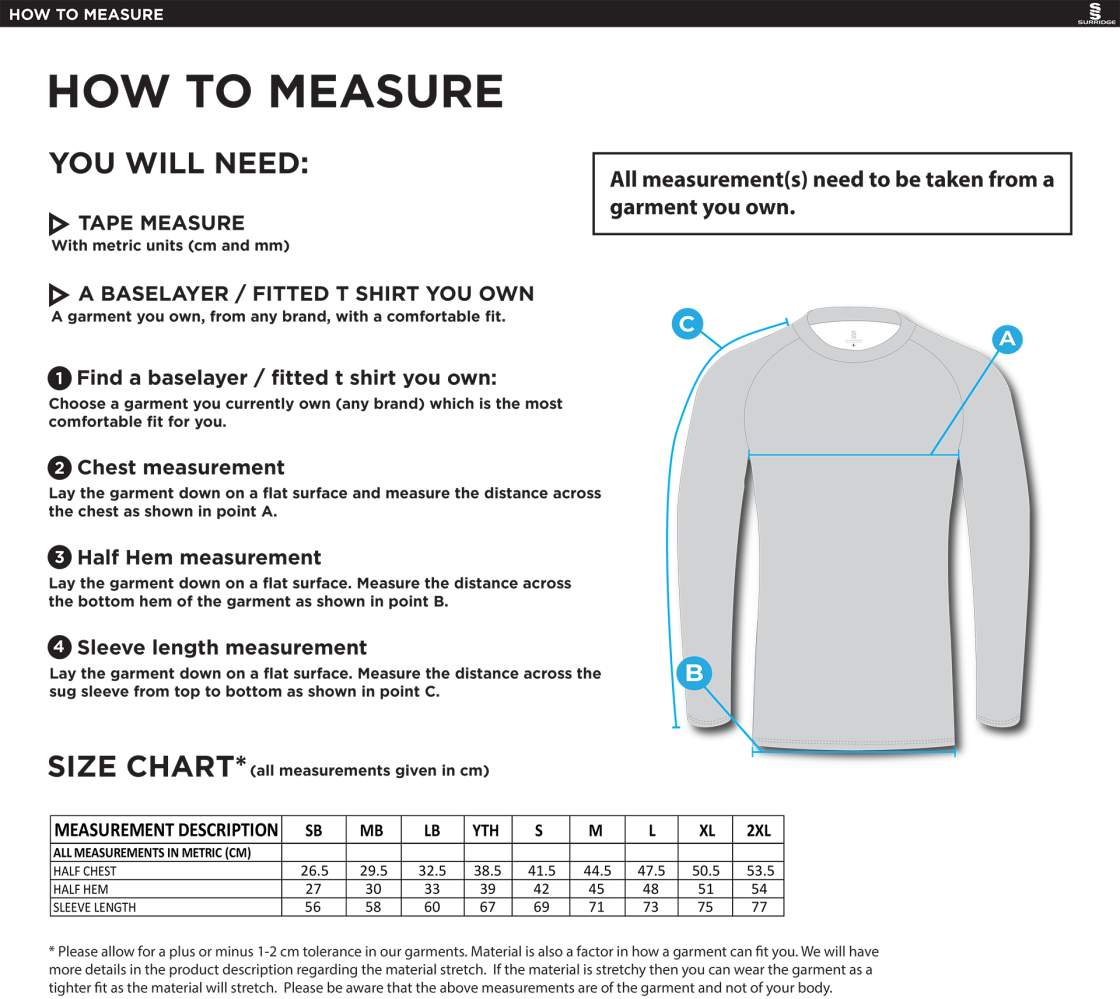 University of Bath - Baselayer Long Sleeve Sug - Size Guide