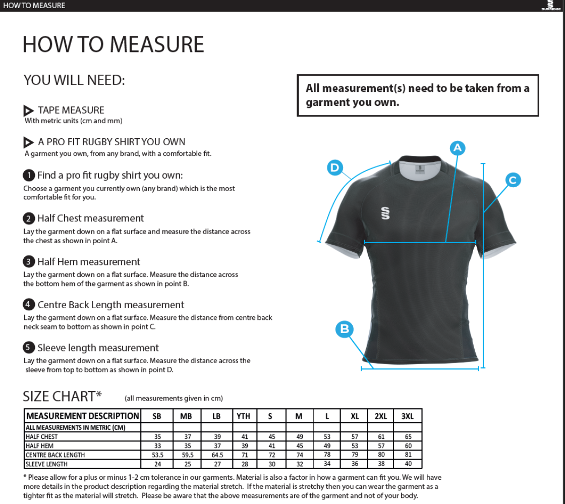 University of Bath - Super League Rugby - Rugby Shirt - Size Guide