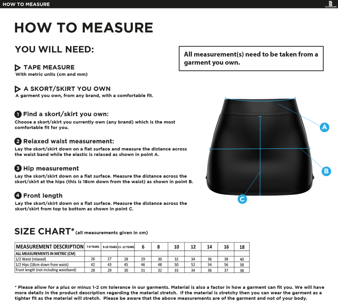 University of Bath - High Waisted Skort - Size Guide