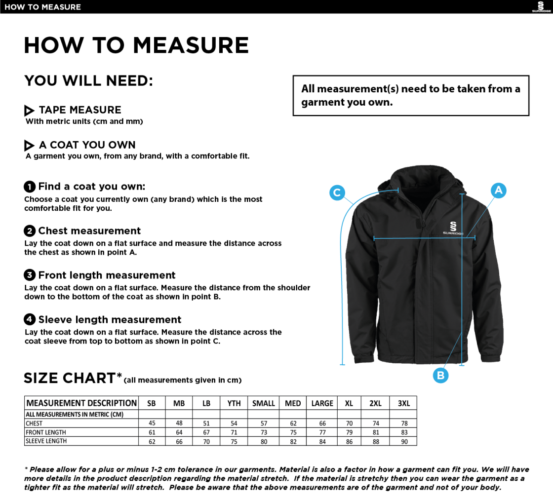 University of Bath - Surf - Dual Fleece Lined Jacket - Size Guide