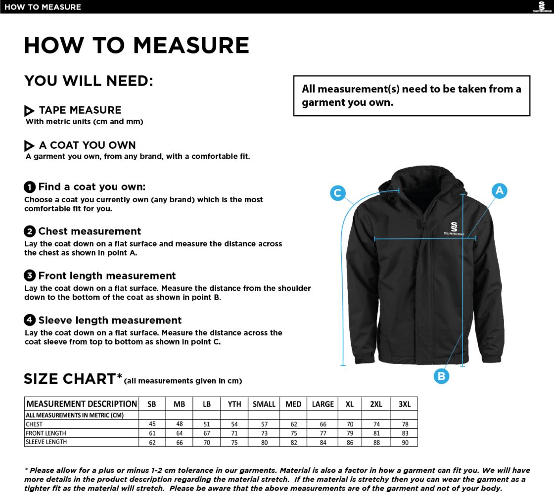 University of Bath - Dual Fleece Lined Jacket - Size Guide