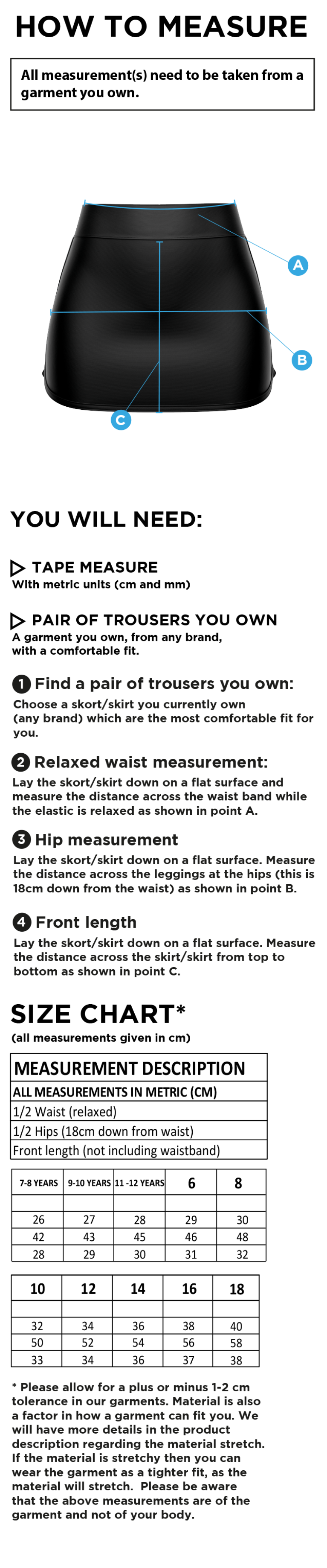 University of Bath - High Waisted Skort - Size Guide