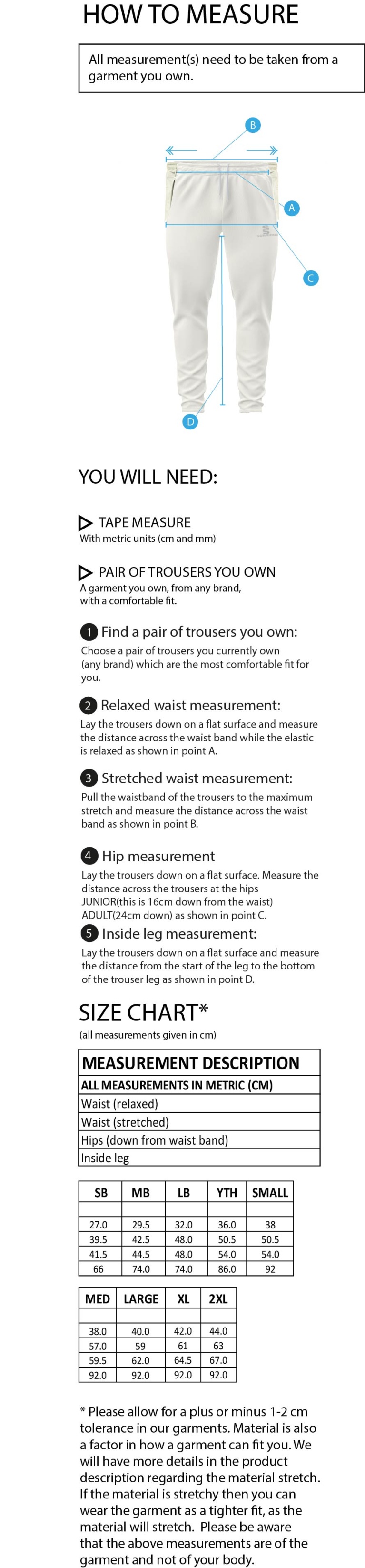 University of Bath - Ergo Playing Pant - Size Guide