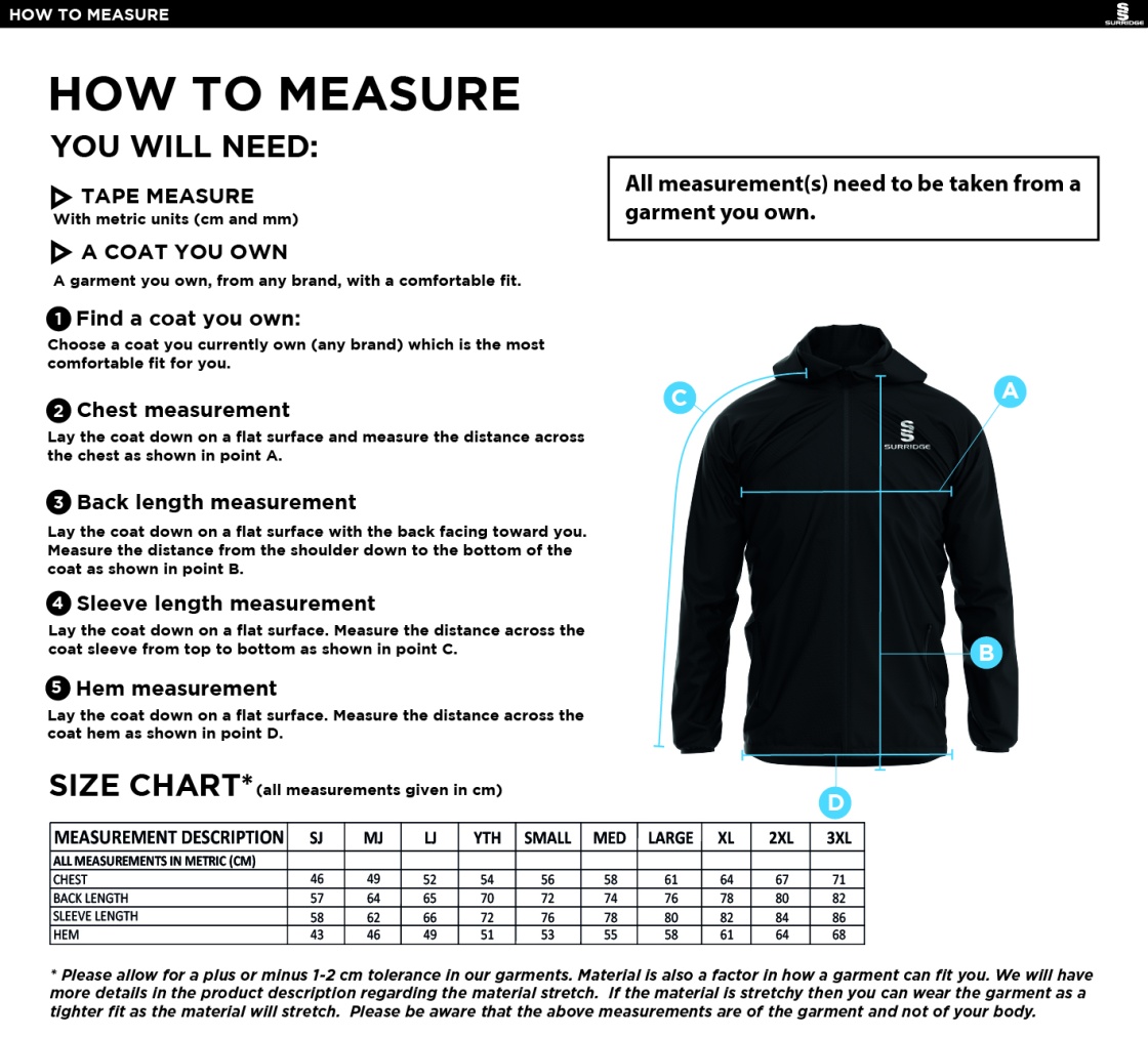 University of Bath - Surf - Dual Elite 1/4 Zip Hoody / Rain Jacket - Size Guide