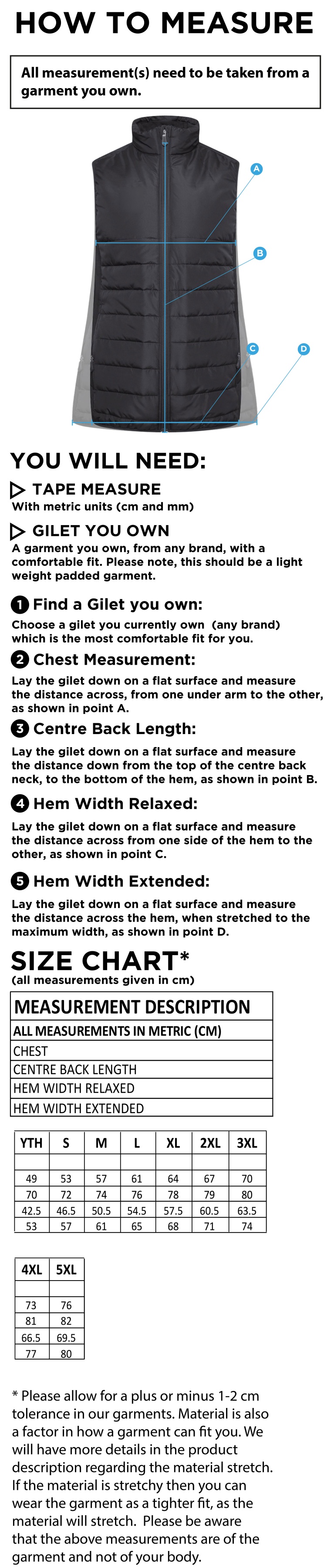 University of Bath - Active Gilet - Unisex Fit - Size Guide