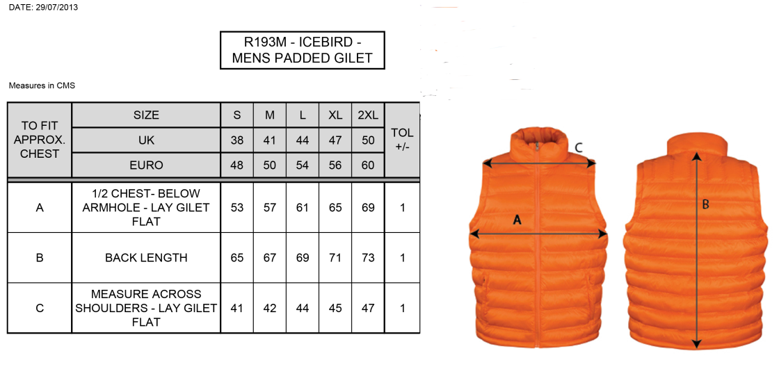 University of Bath - Padded Gilet - Size Guide