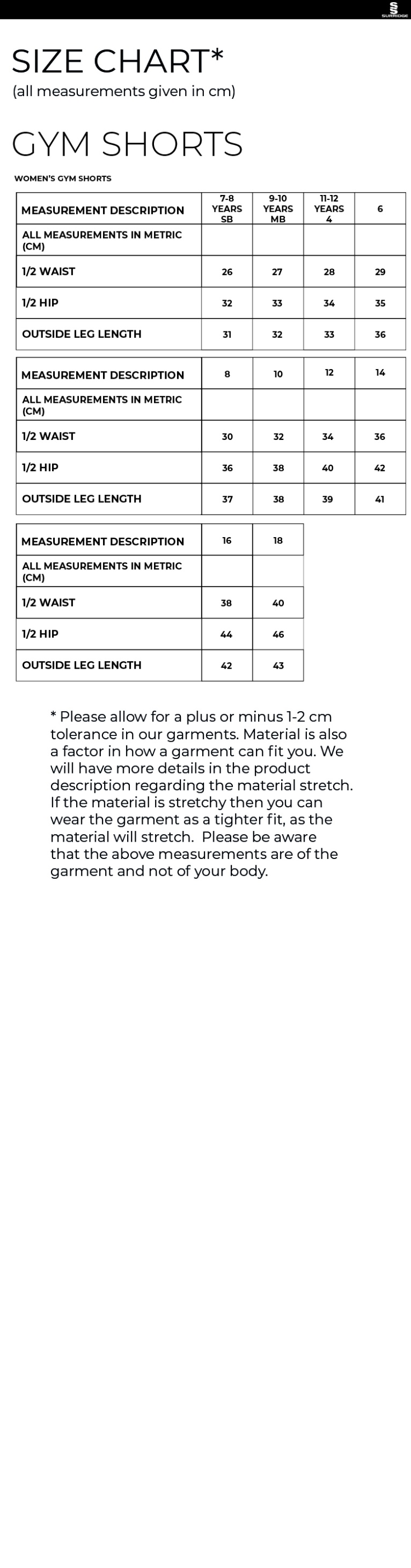 University Of Bath - Women's Gym Short - Size Guide